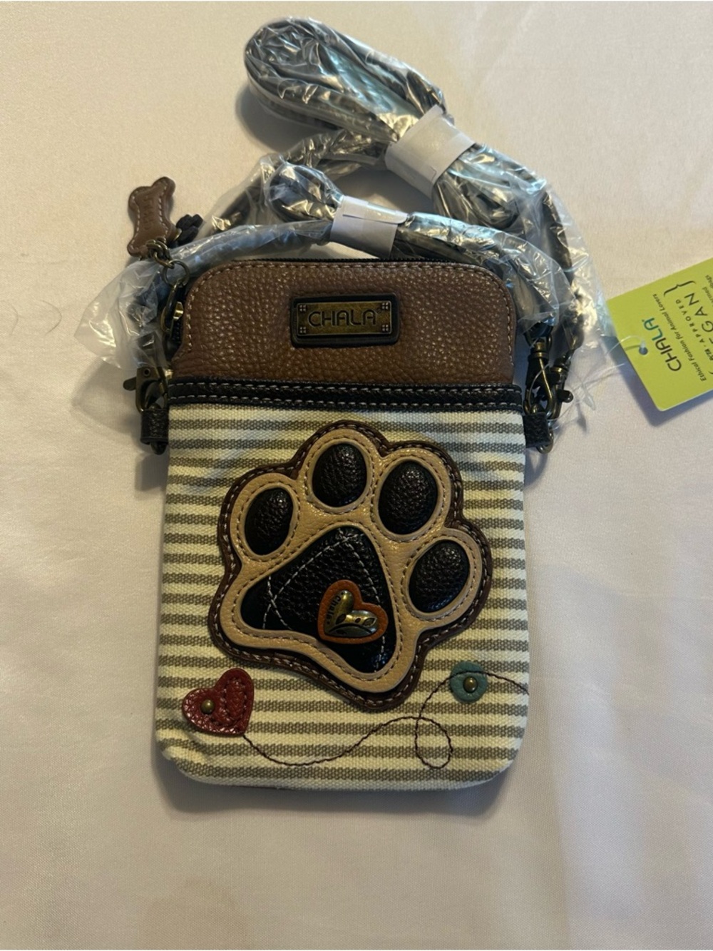 Chala Striped Crossbody with Paw Applique - Brown/Tan/Black NWT